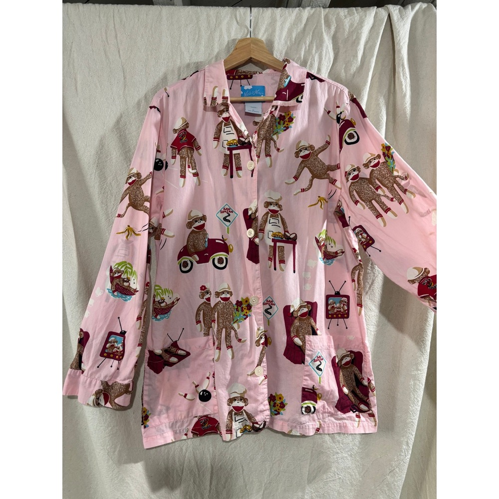 Nick & Nora Vintage Y2K Pink Sock Monkey Cotton Sleep Shirt XL Nightshirt